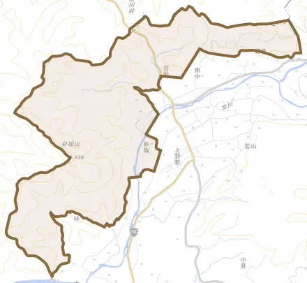 大字朴坂とその周辺の地図。町の範囲を重ねている