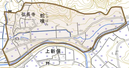 大字蛇喰とその周辺の地図。町の範囲を重ねている