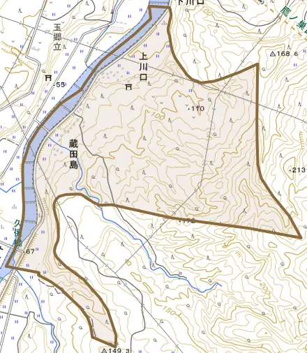 大字上川口とその周辺の地図。町の範囲を重ねている