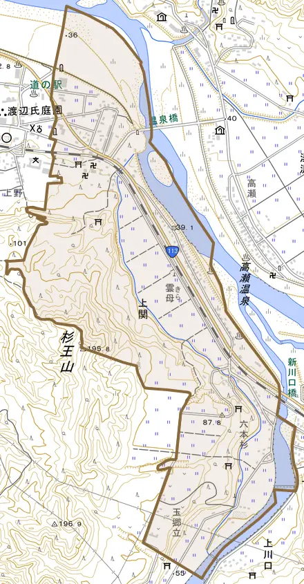 大字上関とその周辺の地図。町の範囲を重ねている
