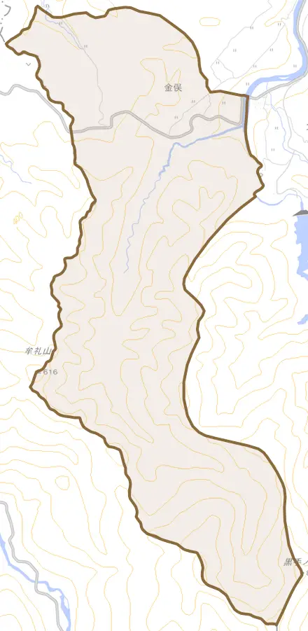 大字金俣とその周辺の地図。町の範囲を重ねている