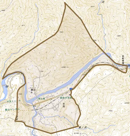 大字片貝とその周辺の地図。町の範囲を重ねている