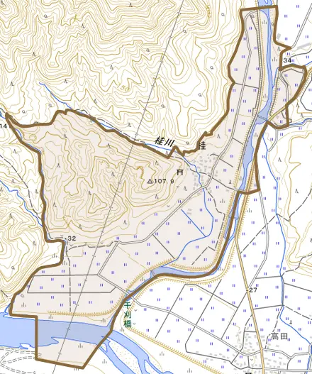 大字桂とその周辺の地図。町の範囲を重ねている