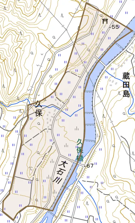 大字久保とその周辺の地図。町の範囲を重ねている
