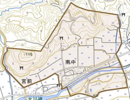 大字南中とその周辺の地図。町の範囲を重ねている