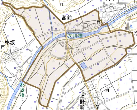 大字宮前とその周辺の地図。町の範囲を重ねている