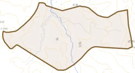大字沼とその周辺の地図。町の範囲を重ねている