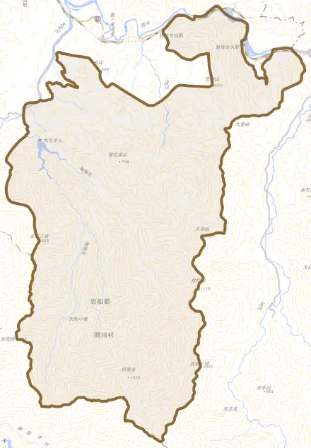 大字大石とその周辺の地図。町の範囲を重ねている