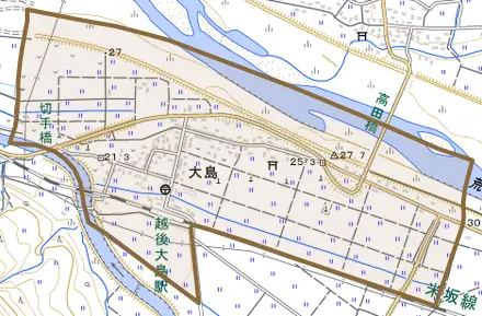 大字大島とその周辺の地図。町の範囲を重ねている