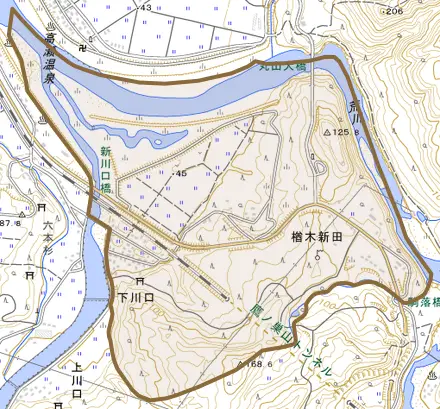 大字下川口とその周辺の地図。町の範囲を重ねている