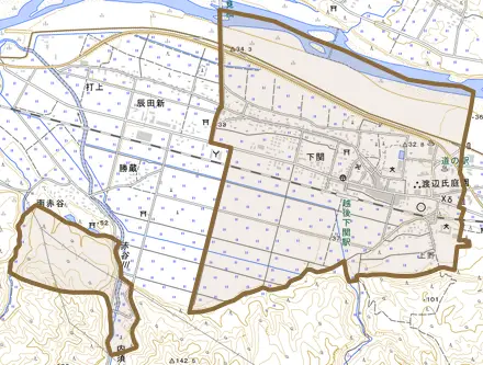 大字下関とその周辺の地図。町の範囲を重ねている