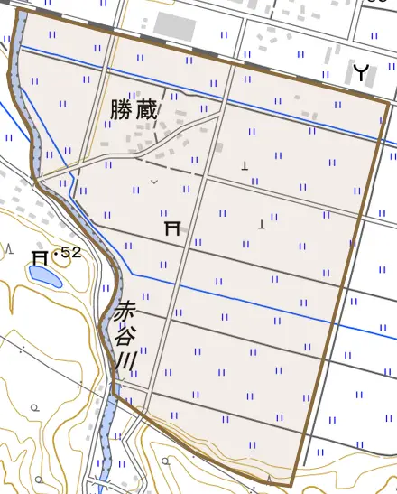 大字勝蔵とその周辺の地図。町の範囲を重ねている
