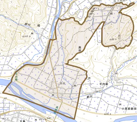 大字高田とその周辺の地図。町の範囲を重ねている