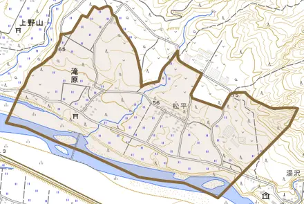 大字滝原とその周辺の地図。町の範囲を重ねている