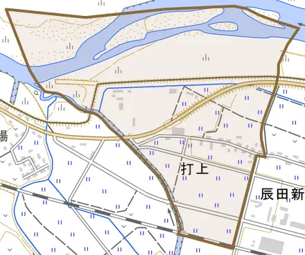 大字打上とその周辺の地図。町の範囲を重ねている