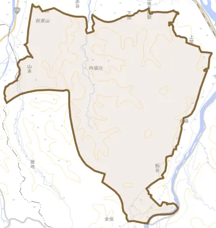 大字内須川とその周辺の地図。町の範囲を重ねている
