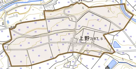 大字上野とその周辺の地図。町の範囲を重ねている