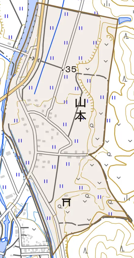 大字山本とその周辺の地図。町の範囲を重ねている