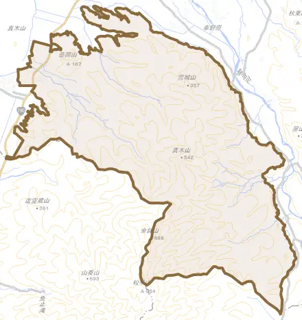 荒川とその周辺の地図。町の範囲を重ねている