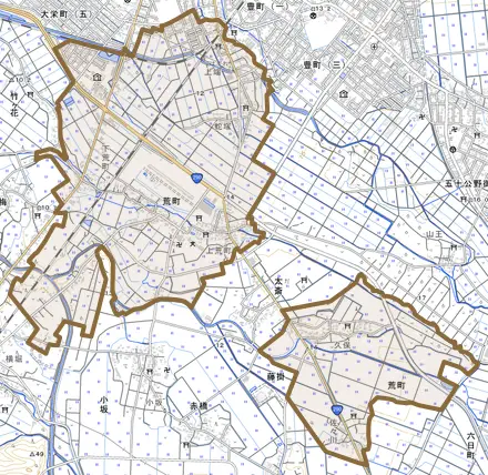 荒町とその周辺の地図。町の範囲を重ねている