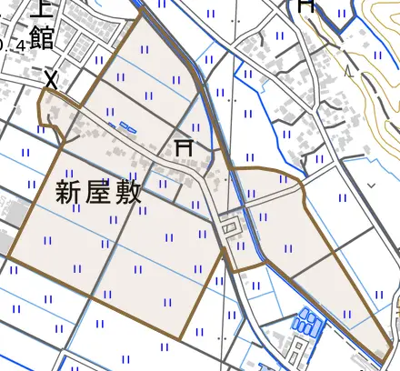 新屋敷とその周辺の地図。町の範囲を重ねている