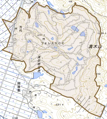 万代とその周辺の地図。町の範囲を重ねている