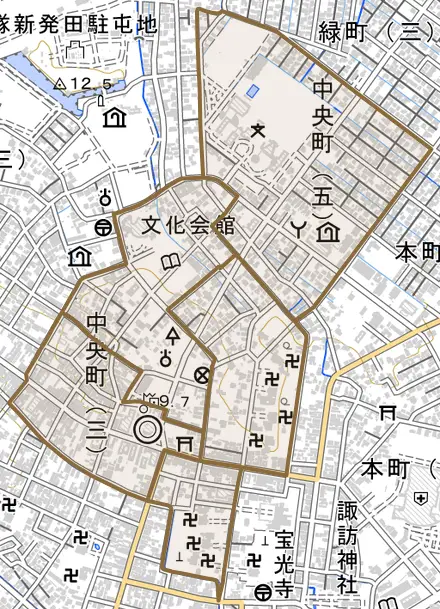 中央町とその周辺の地図。町の範囲を重ねている