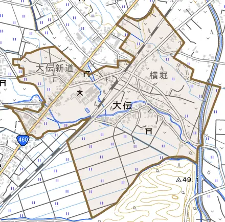 大伝とその周辺の地図。町の範囲を重ねている