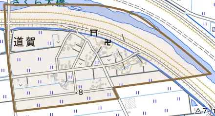 道賀とその周辺の地図。町の範囲を重ねている