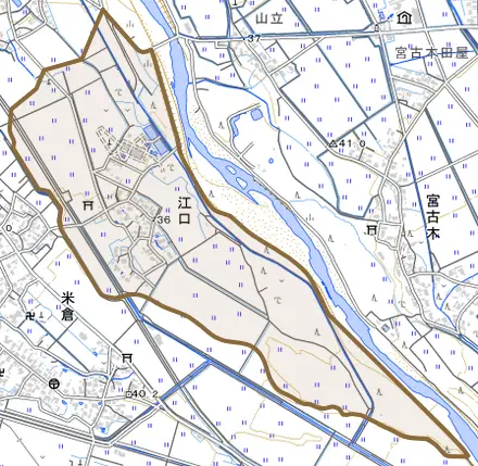 江口とその周辺の地図。町の範囲を重ねている