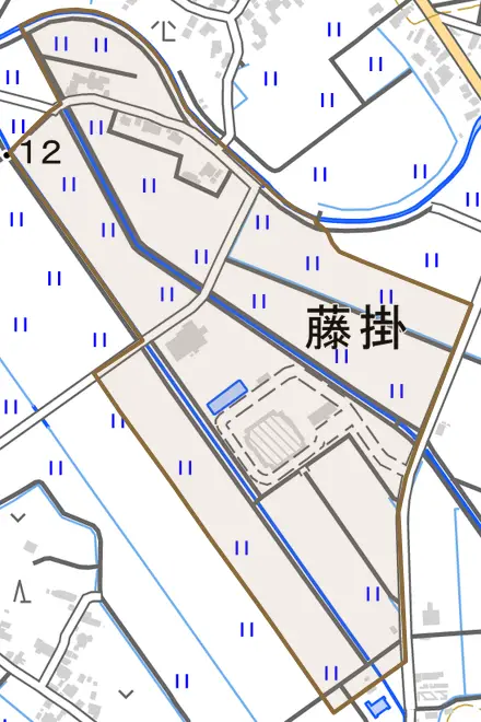 藤掛とその周辺の地図。町の範囲を重ねている