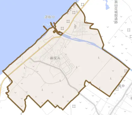 藤塚浜とその周辺の地図。町の範囲を重ねている
