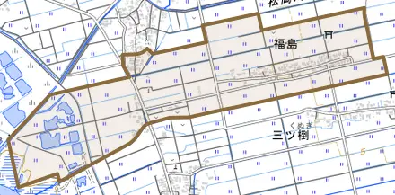 福島とその周辺の地図。町の範囲を重ねている