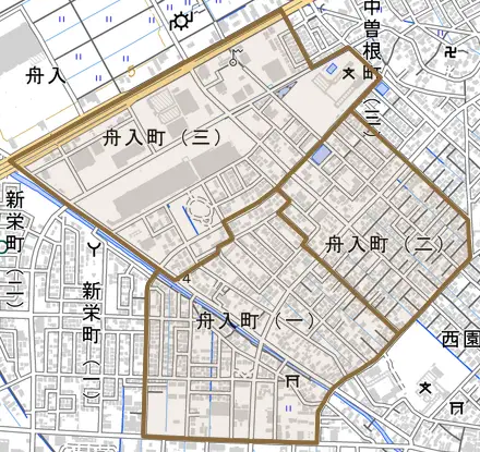 舟入町とその周辺の地図。町の範囲を重ねている