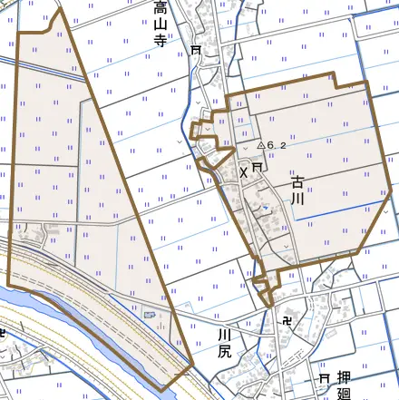 古川とその周辺の地図。町の範囲を重ねている