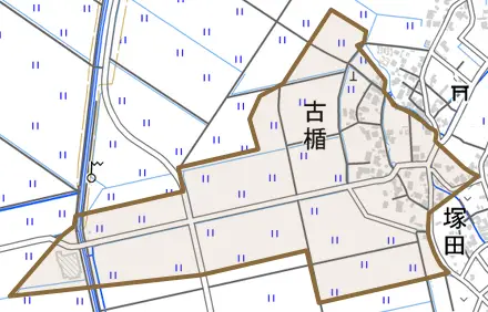 古楯とその周辺の地図。町の範囲を重ねている