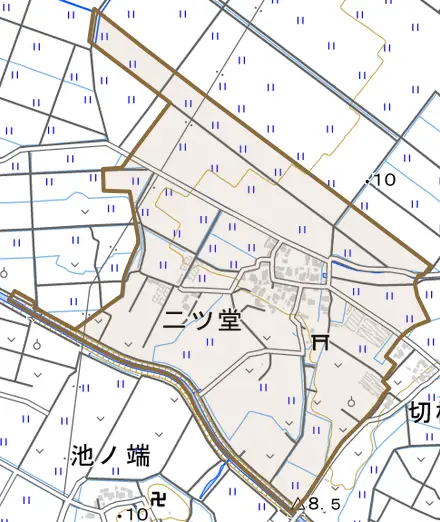 二ツ堂とその周辺の地図。町の範囲を重ねている