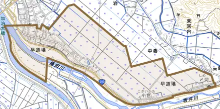 早道場とその周辺の地図。町の範囲を重ねている