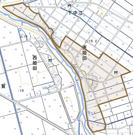 東姫田とその周辺の地図。町の範囲を重ねている