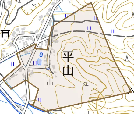 平山とその周辺の地図。町の範囲を重ねている