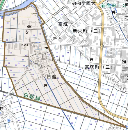 日渡とその周辺の地図。町の範囲を重ねている