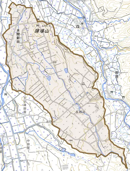 本間新田とその周辺の地図。町の範囲を重ねている