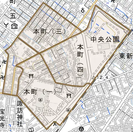 本町とその周辺の地図。町の範囲を重ねている