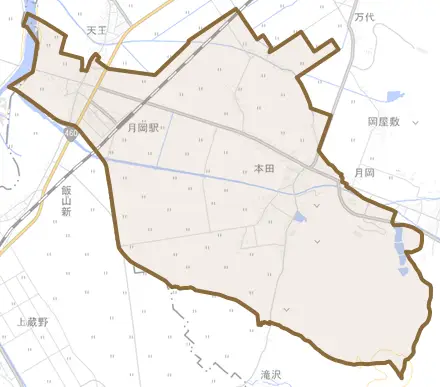 本田とその周辺の地図。町の範囲を重ねている