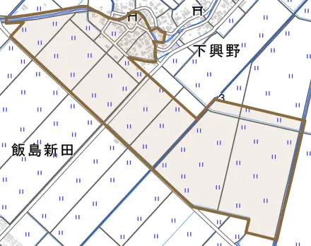 飯島新田とその周辺の地図。町の範囲を重ねている