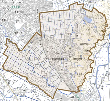 五十公野とその周辺の地図。町の範囲を重ねている