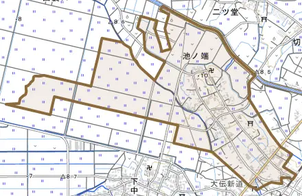 池ノ端とその周辺の地図。町の範囲を重ねている