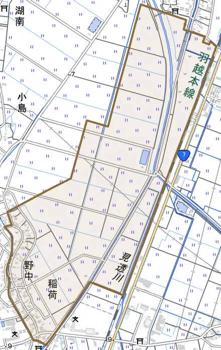 稲荷とその周辺の地図。町の範囲を重ねている