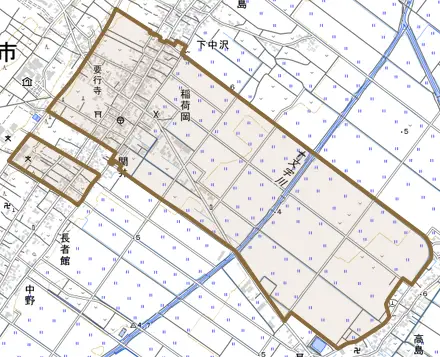 稲荷岡とその周辺の地図。町の範囲を重ねている
