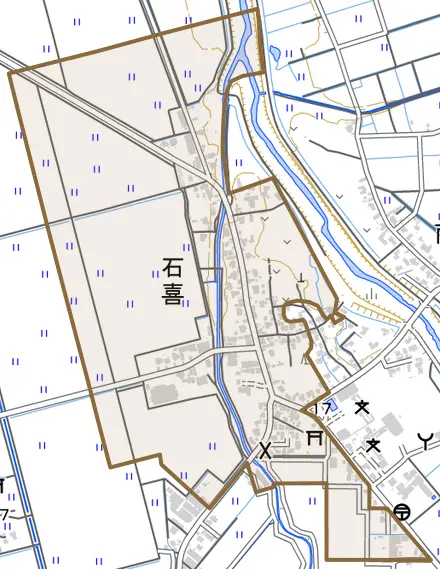 石喜とその周辺の地図。町の範囲を重ねている